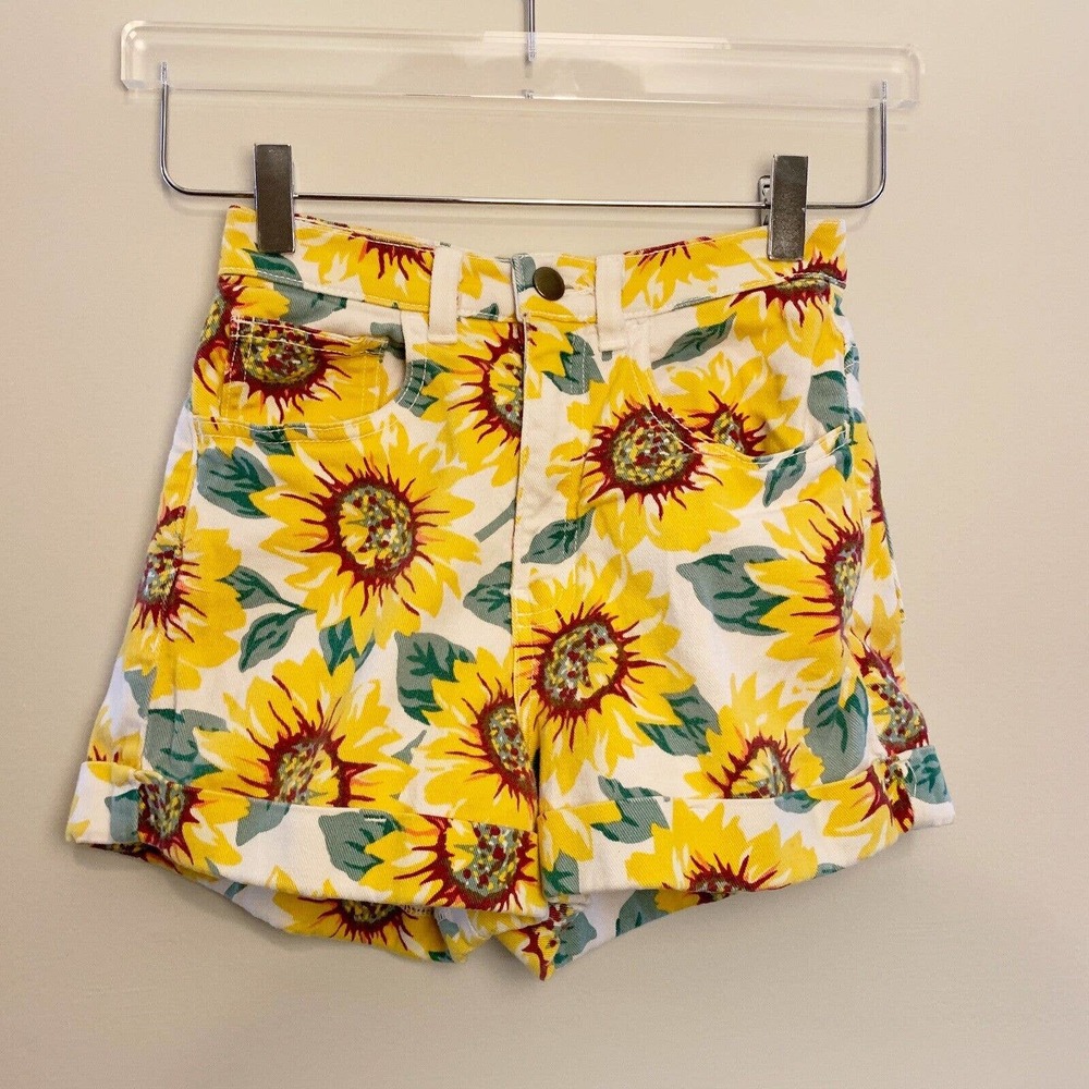 American Apparel Jeans Women 24 25 Short Sunflower Print High Waist Cuffed Mom